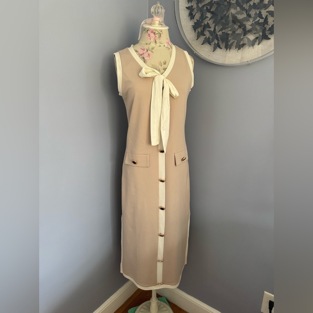 Nicole Miller Tan and Cream Bow Midi Dress